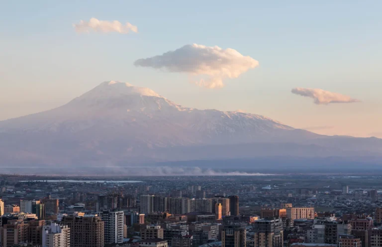Mount Ararat and Yerevan seen from the Cascade at sunset