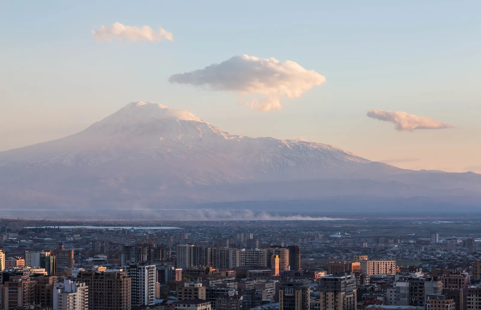 Mount Ararat and Yerevan seen from the Cascade at sunset