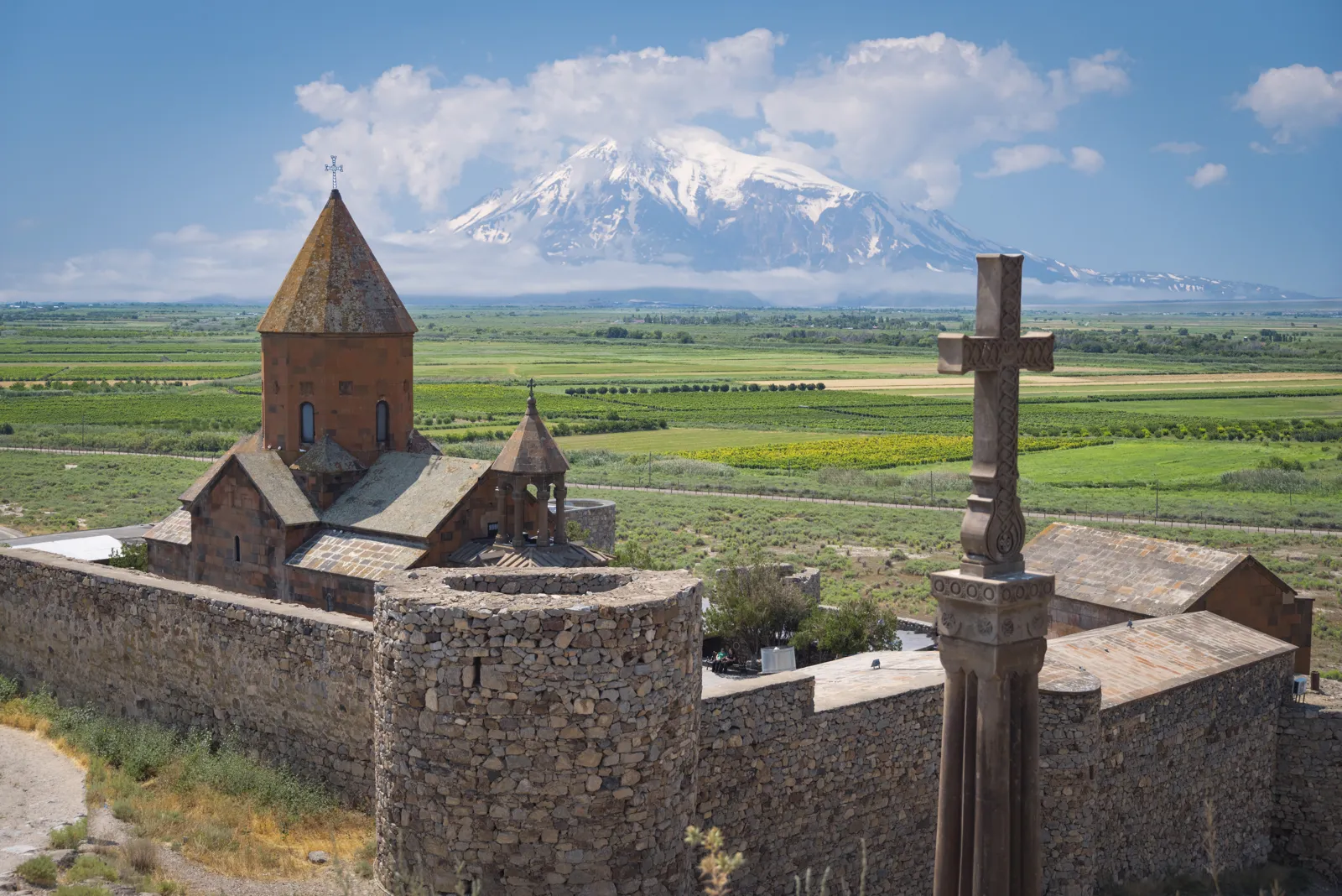Khor Virap monastery with snow-capped Mount Ararat behind