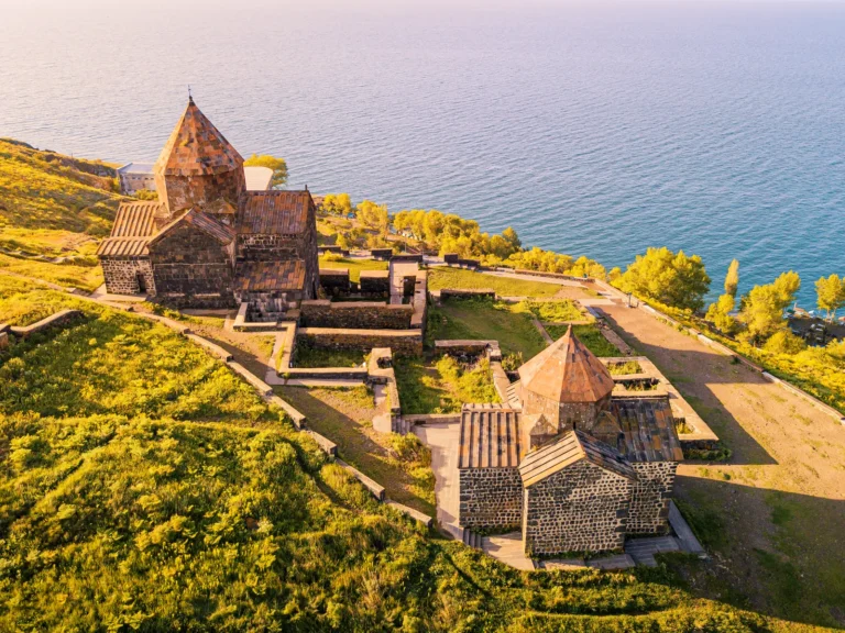 Aerial view of Sevanavank monastery above Lake Sevan in spring